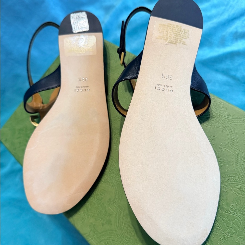 Gucci Black Leather Sandals with Gold GG Logo - Picture 4 of 6